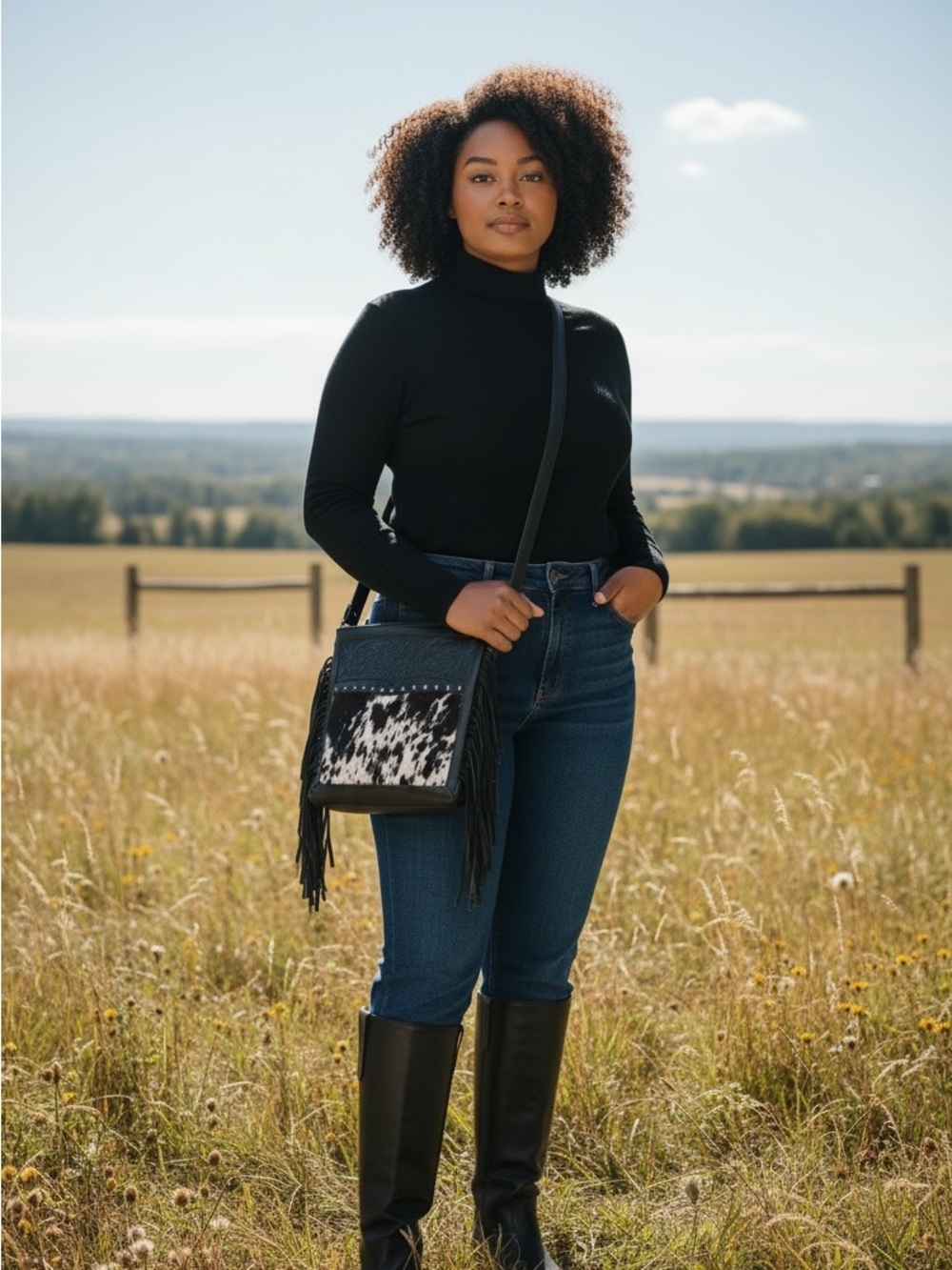 Montana West Black & White Cowhide Fringe Crossbody Bag - Picture 7 of 11